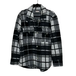 Faherty Holden High Pile Fleece‎ Shacket Shirt Jacket Size M Black Gray Plaid